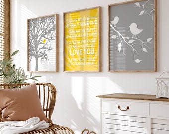 Bird Sunshine Nursery Trio - Set of Three Prints or Canvas, You Are My Sunshine, Baby Birds - CHOOSE YOUR COLORS Shown in Yellow and Gray