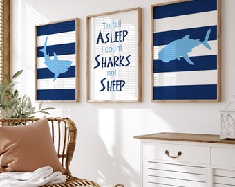 Shark Decor for Boys Room, Shark Nursery Art Nautical, Shark Wall Art for Kids, Set of 3 PRINTS OR CANVAS