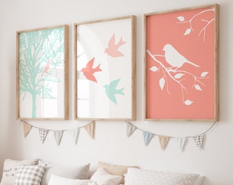 Coral Nursery Art Coral and Mint Nursery Decor Prints - Set of 3 Birds and Trees - Girl Nursery Wall Art - Bird Prints or Bird Canvas Art