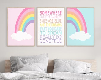 Somewhere Over The Rainbow Print Lyrics, Rainbow Wall Art, Girl Room Decor Pastel Rainbow Decor, Girl Bedroom Art, Set of 3 PRINTS OR CANVAS
