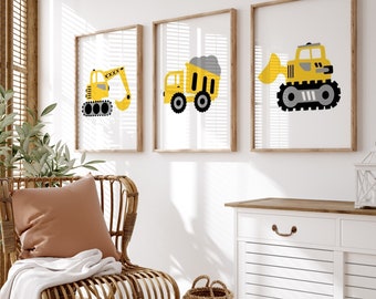 Construction Vehicle Art Prints, Construction Nursery Decor, Excavator Dump Truck Digger Wall Art, Set of 3 Construction Prints or Canvas