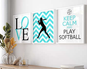 Softball Decor Girl Bedroom Decorations, Softball Wall Art for Girl Room Decor, Chevron Softball Quote, Set of 3 Softball PRINTS OR CANVAS