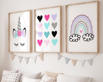 Unicorn Room Decor, Rainbow Wall Art, Girl Bedroom Decor, Unicorn Horn with Flowers, Young Girl Room Decor, Set of 3 Heart PRINTS OR CANVAS