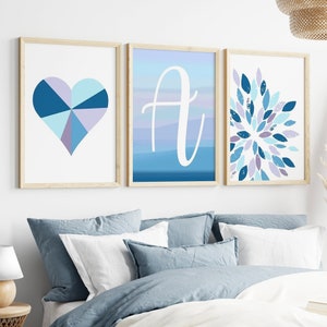 Teen Girl Wall Decor Blue Ombre Art, Tween Girl Bedroom Decor, Tween Girl Room Decor Boho Tie Dye, Set of 3 Modern Heart Prints or Canvas