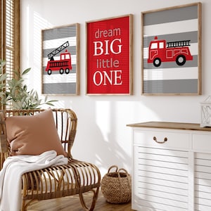 Firetruck Prints, Firetruck Nursery Art, Fire Truck Nursery Decor, Firetruck Art, Fire Engine Prints, Set of 3 Firetruck Canvas or Prints