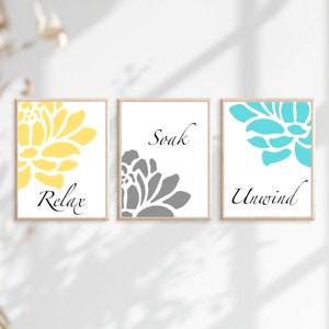 Floral Bathroom Art, Set of Three Floral Bathroom Prints or Set of 3 Floral Bathroom Canvas, Relax Soak Unwind, Flower Bathroom Art Floral