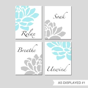 Relax Soak Breathe Unwind Bathroom Decor Bathroom Wall Art Aqua Bathroom Decor Adult Bathroom Floral Art Set of 4 Prints or Canvas