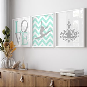 Dance Bedroom Decor, Dance Wall Art Girl Room Decor, Dancer Wall Art, Mint Room Decor, Chandelier Art, Love Sign, Set of 3 PRINTS OR CANVAS