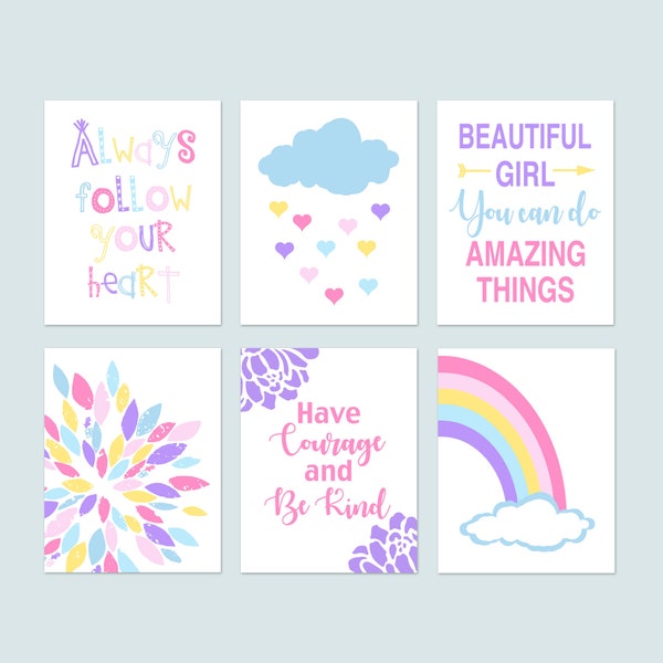 Rainbow Room Decor for Girl Bedroom Decor, Rainbow Decor for Girl Room Decor Pastel, Inspiring Quotes for Girls, Set of 6 Prints or Canvas