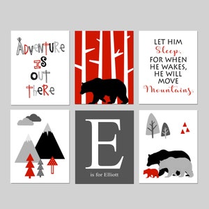 Bear Nursery Art, Woodland Bear Nursery Decor, Black Red Gray Nursery Decor, Adventure Is Out There, Set of 6 Bear Nursery PRINTS OR CANVAS