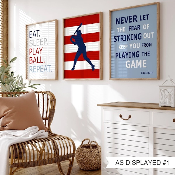 Baseball-Dekor für Jungenzimmer, Baseball-Wandkunst, Baseball-Kunst für Jungenzimmer-Dekor, Kinder-Baseball-Drucke im 3er-Set oder Jungen-Baseball-Leinwandkunst