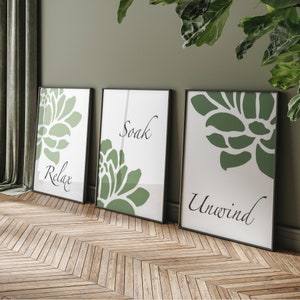 Floral Bathroom Art Relax Soak Unwind, Set of Three Bathroom Prints or Bathroom Canvas Art, Adult Bathroom Decor, Flower Bathroom Art Green