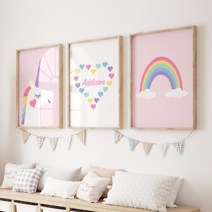 Mädchen-Schlafzimmer-Dekor, Einhorn-Dekor, Herz-Wandkunst für Kinder, Einhorn-Zimmer-Dekor, personalisierte Regenbogen-Kunst, Set mit 3 Einhorn-Drucken oder Leinwand