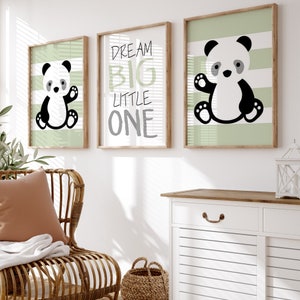 Panda Nursery Art, Panda Bear Nursery Decor, Cute Panda Posters, Dream Big Little One Quote for Nursery, Set of 3 Panda PRINTS OR CANVAS