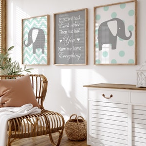 Chevron Elephant Nursery Art Mint, First We Had Each Other Then We Had You Now We Have Everything Quote, Set of 3 Elephant PRINTS OR CANVAS pale mint / gray