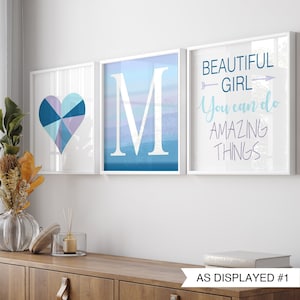 Tween Girl Room Decor, Teen Girl Room Decor Blue, Inspiring Quotes for Girl Bedroom Decor, Ombre Heart Initial, Set of 3 Prints or Canvas