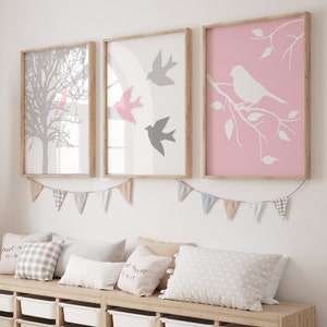 Pink Girl Nursery Decor Pink Bird Art Prints, Pink Bird Wall Decor Nursery, Bird in a Tree, Bird Wall Art, Set of 3 Bird PRINTS OR CANVAS