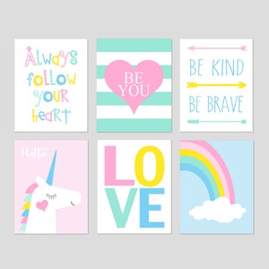 Unicorn Room Decor for Girl Bedroom Decor, Unicorn Rainbow Art, Unicorn Decor, Young Girl Room Decor, Set of 6 Unicorn Prints or Canvas Art
