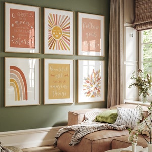Girls Boho Decor, Girls Boho Room Decor, Boho Sunshine Print, Boho Rainbow Art, Positive Quotes for Girls, Set of 6 Boho PRINTS OR CANVAS