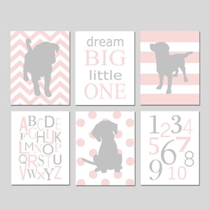Puppy Nursery Decor, Puppy Nursery Prints, Dog Nursery Decor Girl Puppy Nursery Art Pink Gray - Set of 6 Puppy Prints or 6 Puppy Canvas Art