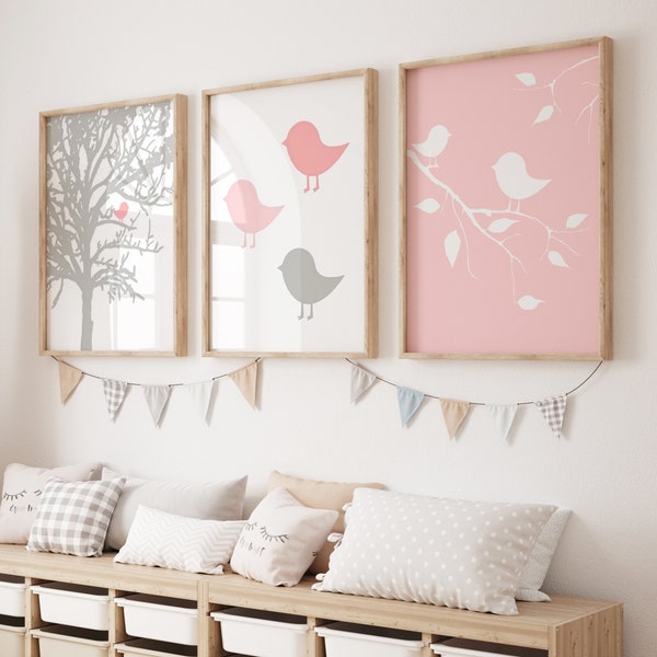 Baby Bird Nursery Art for Girls Nursery Decor, Bird Prints for Nursery, Girl Nursery Prints, Pink Nursery Art, Set of 3 PRINTS OR CANVAS