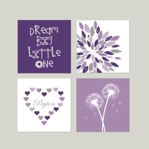 Purple Nursery Art Purple Nursery Decor, Dream Big Little One, Dandelions Flower Prints, Girl Room Decor Purple, Set of 4 Prints or Canvas