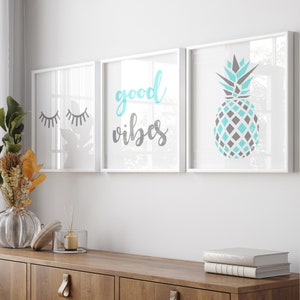 Decoración de habitación para adolescentes, póster de buenas vibras, decoración de dormitorio playero, obra de arte para adolescentes, arte de pared playero, juego de 3 impresiones o lienzos de piña.