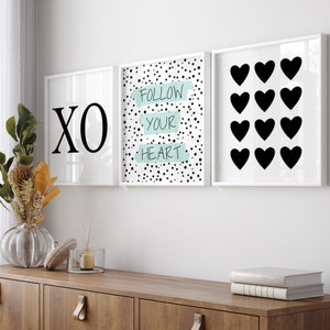 Teen Girl Wall Art, Teenage Girl Bedroom Decor, Tween Girl Room Decor, Black White Teal, XO Print, Set of 3 Modern Heart Prints or Canvas