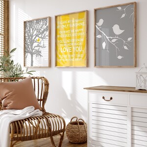 Bird Sunshine Nursery Trio - Set of Three Prints or Canvas, You Are My Sunshine, Baby Birds - CHOOSE YOUR COLORS Shown in Yellow and Gray