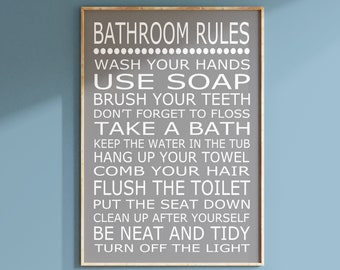 Kids Bathroom Decor Kids Bathroom Rules Sign - Bathroom Decor Kids Bathroom Art Kids Bathroom Wall Art Brush Wash Flush - PRINT OR CANVAS