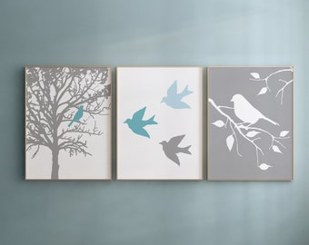 Bird Wall Art, Set of Three Nature Prints or Canvas, Bird Nursery Decor, Guest Bedroom Art