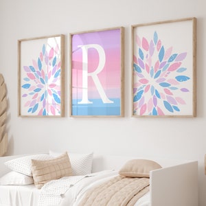 Girl Room Decor Pink Purple Blue, Modern Flower Wall Art for Girls Bedroom Decor, Tween Girl Wall Art, Set of 3 Floral Art PRINTS OR CANVAS