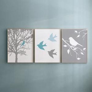 Modern Bird Trio, Set of Three Prints or Canvas, Bird Nursery Decor, Bird Bedroom Decor, Bird Prints, Bird Canvas Art CHOOSE YOUR COLORS gray/blues