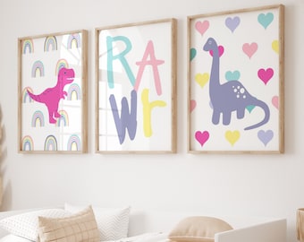 Girls Dinosaur Decor, Girls Dinosaur Room Decor, Girls Dinosaur Nursery Art, Dinosaur Art for Girls Room, Set of 3 Dinosaur PRINTS OR CANVAS