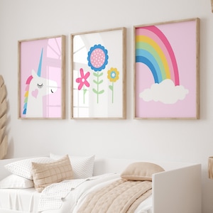 Unicorn Wall Art for Girl Room Decor Pink, Unicorn Bedroom Decorations, Flowers Unicorn Rainbow Wall Art, Set of 3 Unicorn PRINTS OR CANVAS
