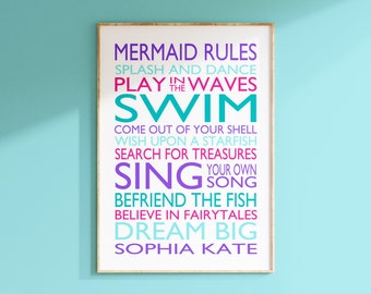 MERMAID RULES Quote Personalized Mermaid Decor Mermaid Wall Art Girl Bedroom Decor Mermaid Bathroom Decor Mermaid Art - Choose Your Colors
