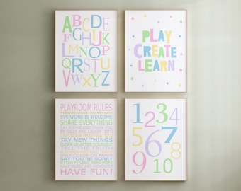 Girl Playroom Wall Art, Pastel Playroom Decor for Girls, Playroom Rules Sign - Set of 4 PRINTS OR CANVAS