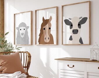 Decoración infantil de granja en tonos neutros, láminas infantiles de animales de granja, juego de 3 láminas o lienzos - Elige entre 6 animales