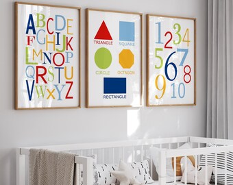 Boys Playroom Decor, Boy Nursery Art, Modern Playroom Wall Art, Alphabet Numbers Shapes Art, Set of 3 Prints or Canvas