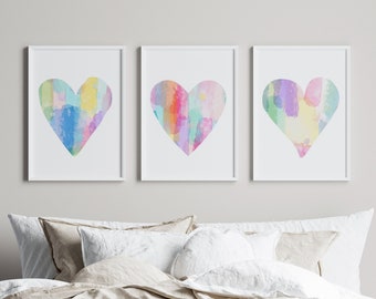Watercolor Heart Art Prints, Tween Girl Room Decor, Colorful Heart Wall Art, Modern Heart Room Decor Girl, Set of 3 Heart PRINTS OR CANVAS