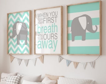 Mint Grey Nursery Decor Set of 3 Elephant Nursery Art - When You Took Your First Breath Quote Chevron Stripe Elephants - CANVAS OR PRINTS