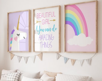 Girls Wall Art Unicorn Decor, Little Girl Room Decor, Pastel Rainbow Wall Art, Positive Quotes for Girls, Set of 3 Unicorn PRINTS OR CANVAS