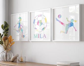 Colorful Soccer Art for Girls Room Decor, Girls Soccer Wall Art, Girls Soccer Gift, Girls Soccer Decor, Set of 3 Soccer PRINTS OR CANVAS