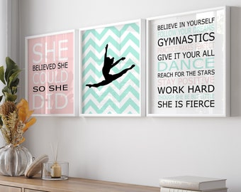 Dance Decor, Gymnastics Wall Art, Girl Room Decor, Dance Inspirational Quote, She Believed She Could, Dancer Art - Set of 3 PRINTS OR CANVAS