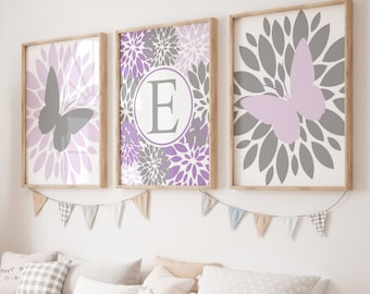 Paarse vlinder kunst, meisjeskamer decor vlinders, meisjes slaapkamer decor, vlinder kinderkamer kunst lavendel, set van 3 PRINTS OF CANVAS