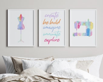 Fashion Design Prints, Craft Room or Sewing Room Decor, Teen Girl Wall Art, Sewing Machine Art, Dorm Decor, Set of 3 Prints or Canvas