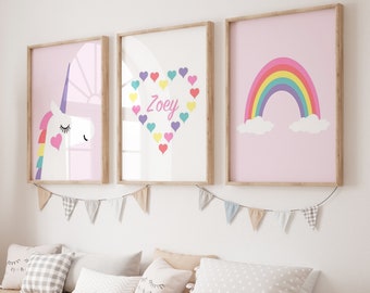 Unicorn Rainbow Art, Young Girl Room Decor, Unicorn Bathroom Art Girl, Unicorn Rainbow Decor, Set of 3 Unicorn Prints or Unicorn Canvas Art
