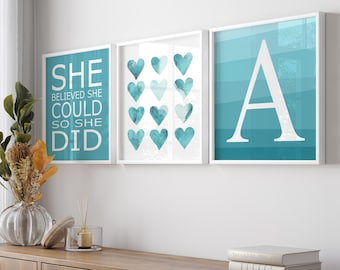 Girls Bedroom Decor, Teenage Girl Room Decor Teal, She Believed She Could So She Did, Tween Girl Wall Art, Set of 3 Heart PRINTS OR CANVAS