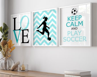 Soccer Art Girl Bedroom Decor Soccer Wall Art Girl Set of 3 - Love, Chevron Soccer Player, Keep Calm and Play Soccer - PRINTS OR CANVAS