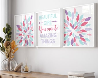 Teen Girl Room Decor, Inspiring Quotes for Girls Bedroom Decor, Beautiful Girl You Can Do Amazing Things, Set of 3 Flower Prints or Canvas